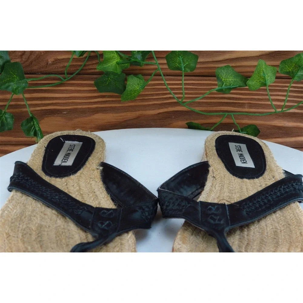 Steve Madden Women's Size 9‎ Black Leather Flip Flop Sandals Woven Espadrille